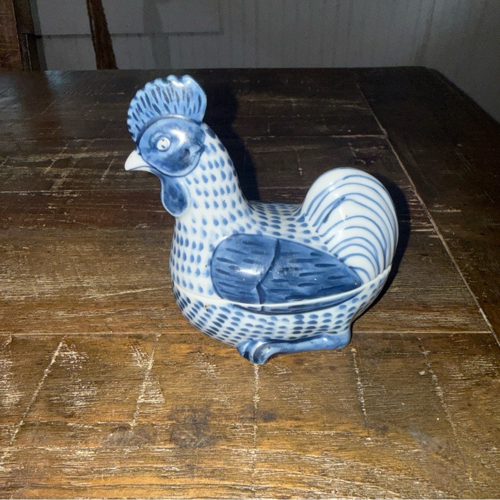 Vintage Japan Blue and White Ceramic Rooster Trinket Jewelry Dish